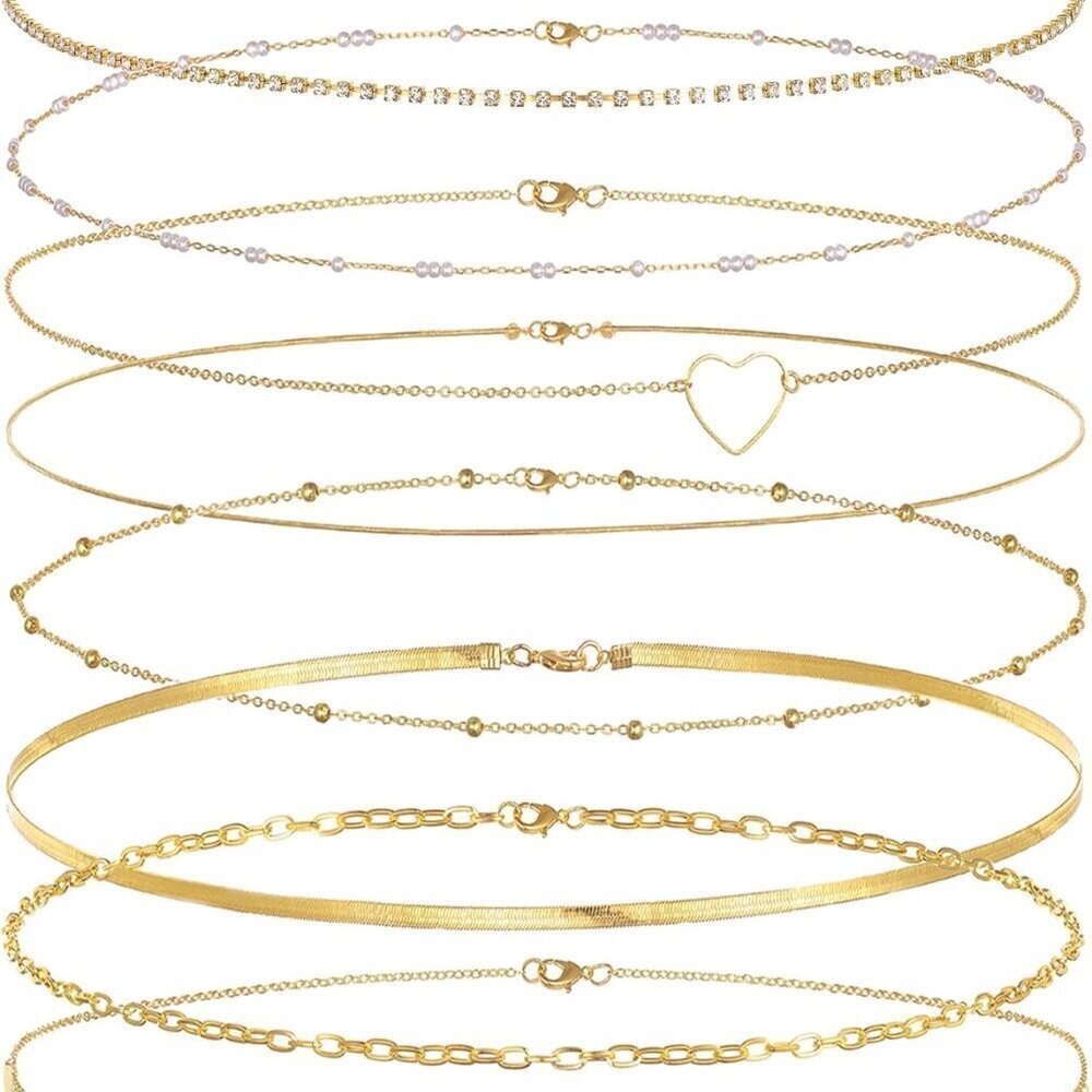 8PCS Gold Plated Belly Chain Set Heart Pearl Bead Adjustable Body Jewelry